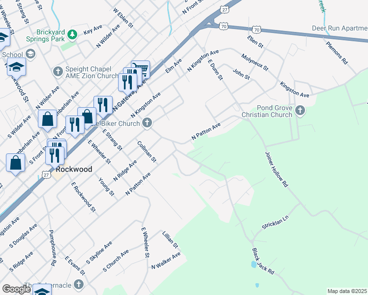 map of restaurants, bars, coffee shops, grocery stores, and more near 618 Black Jack Road in Rockwood
