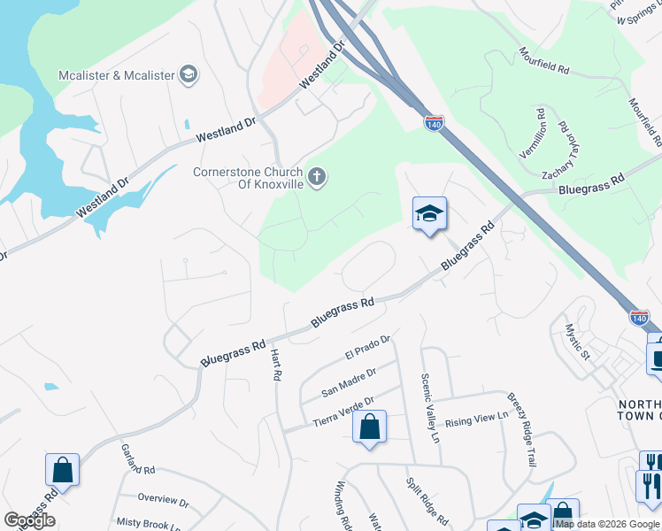 map of restaurants, bars, coffee shops, grocery stores, and more near 10005 Meadow Vista Creek in Knoxville