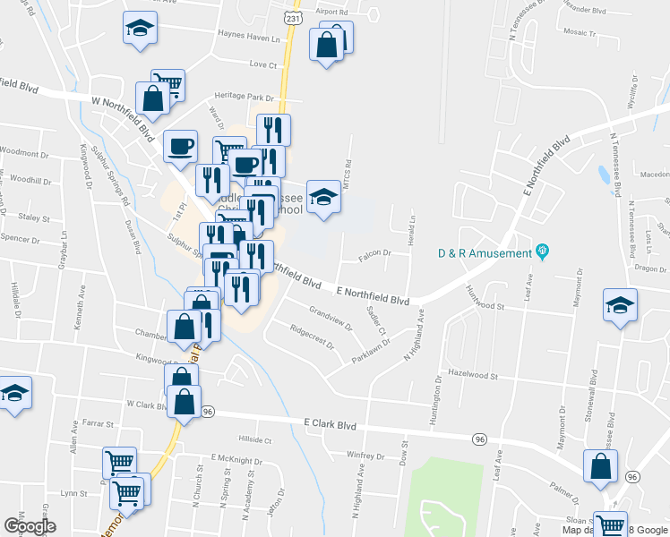 map of restaurants, bars, coffee shops, grocery stores, and more near 1707 Dover Street in Murfreesboro