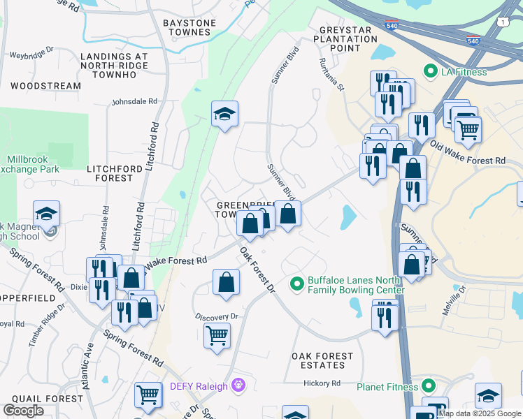map of restaurants, bars, coffee shops, grocery stores, and more near 6717 Morgantown Street in Raleigh