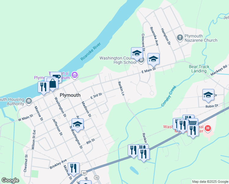 map of restaurants, bars, coffee shops, grocery stores, and more near 513 East 3rd Street in Plymouth