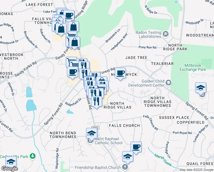 map of restaurants, bars, coffee shops, grocery stores, and more near 6117 New Market Way in Raleigh