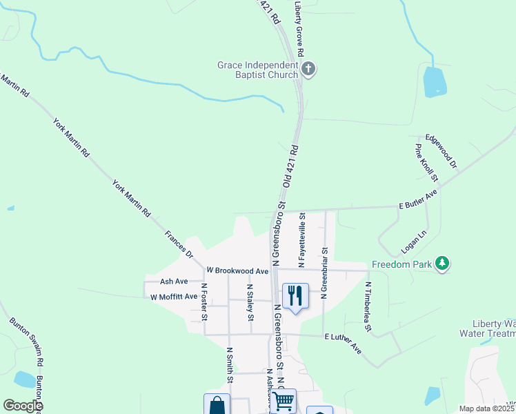 map of restaurants, bars, coffee shops, grocery stores, and more near 222 West Butler Avenue in Liberty