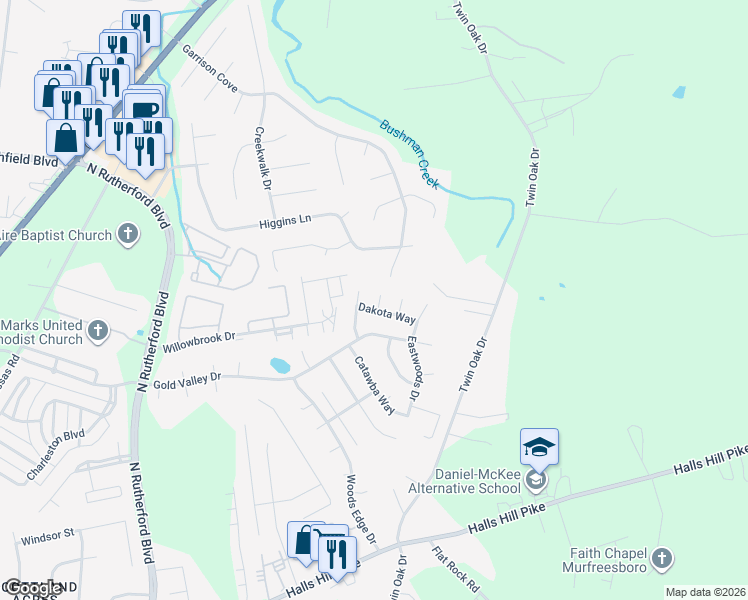 map of restaurants, bars, coffee shops, grocery stores, and more near 1413 Wakonda Court in Murfreesboro