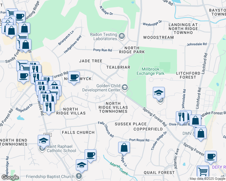 map of restaurants, bars, coffee shops, grocery stores, and more near 1618 Budwood Drive in Raleigh
