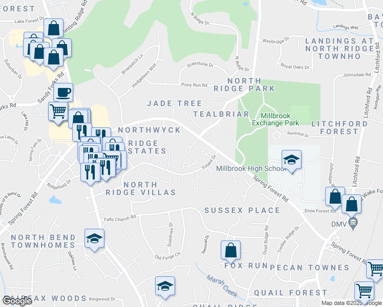 map of restaurants, bars, coffee shops, grocery stores, and more near 1500 Woodcroft Drive in Raleigh