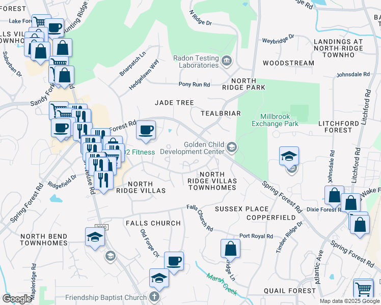 map of restaurants, bars, coffee shops, grocery stores, and more near 1500 Woodcroft Drive in Raleigh
