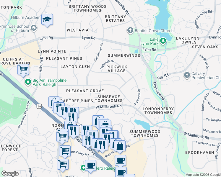 map of restaurants, bars, coffee shops, grocery stores, and more near 6307 Daystar Lane in Raleigh