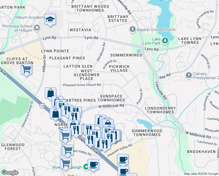 map of restaurants, bars, coffee shops, grocery stores, and more near 4300 Sunburst Court in Raleigh