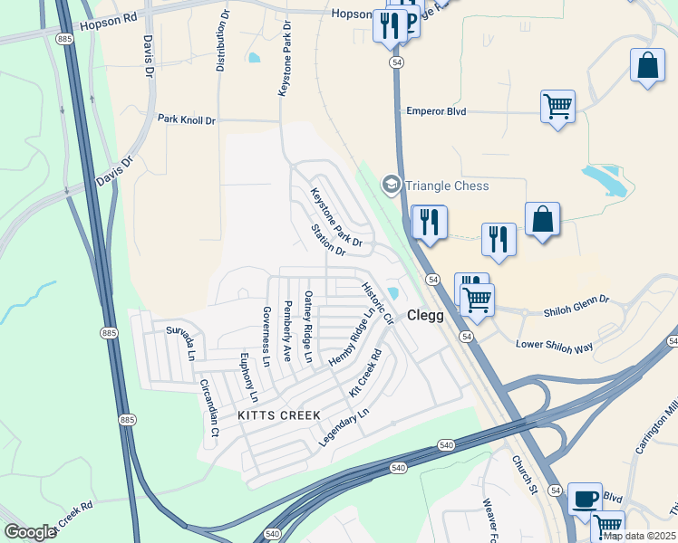 map of restaurants, bars, coffee shops, grocery stores, and more near 1044 Semora Lane in Morrisville