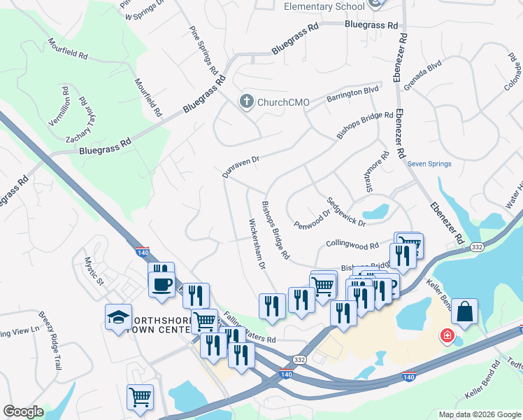 map of restaurants, bars, coffee shops, grocery stores, and more near 1724 Wickersham Drive in Knoxville