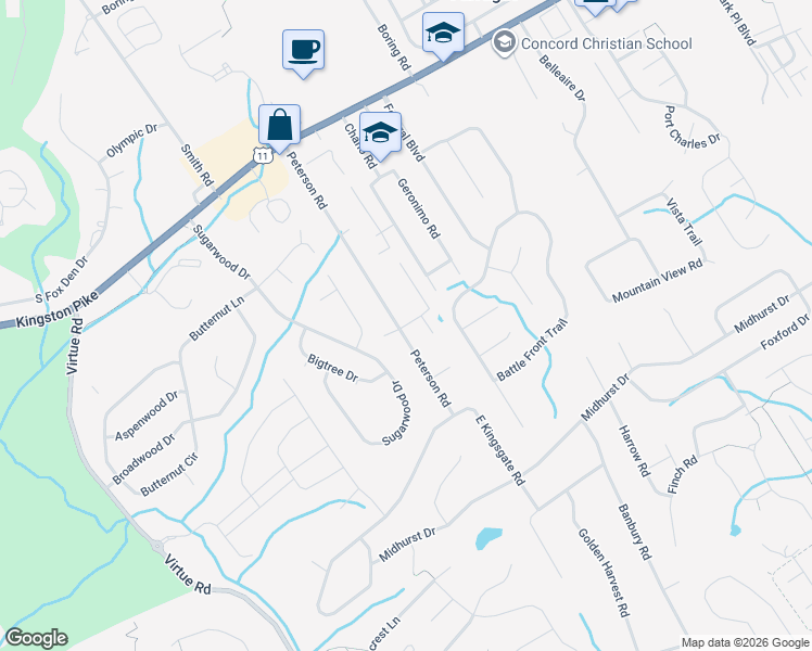 map of restaurants, bars, coffee shops, grocery stores, and more near 305 Peterson Road in Knoxville