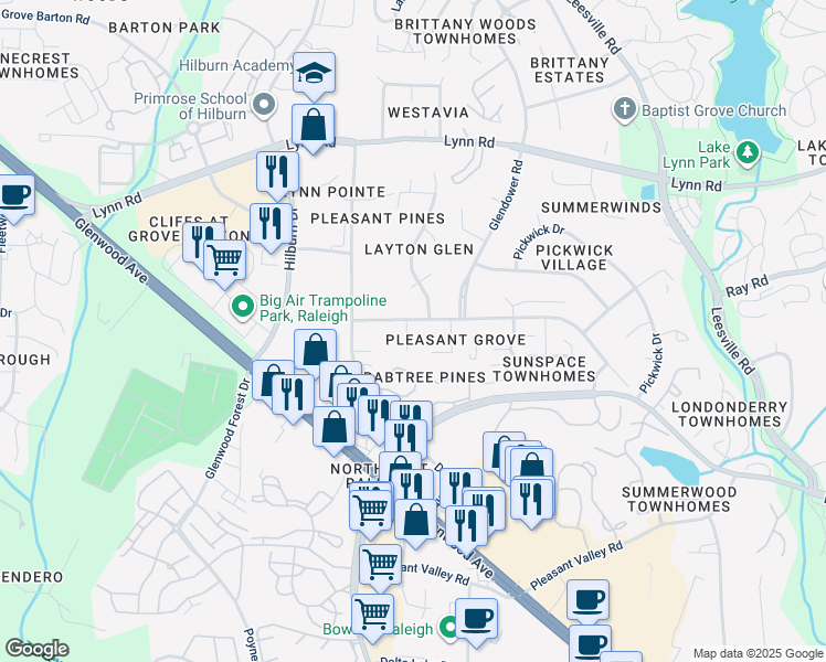 map of restaurants, bars, coffee shops, grocery stores, and more near 6422 Rosny Road in Raleigh