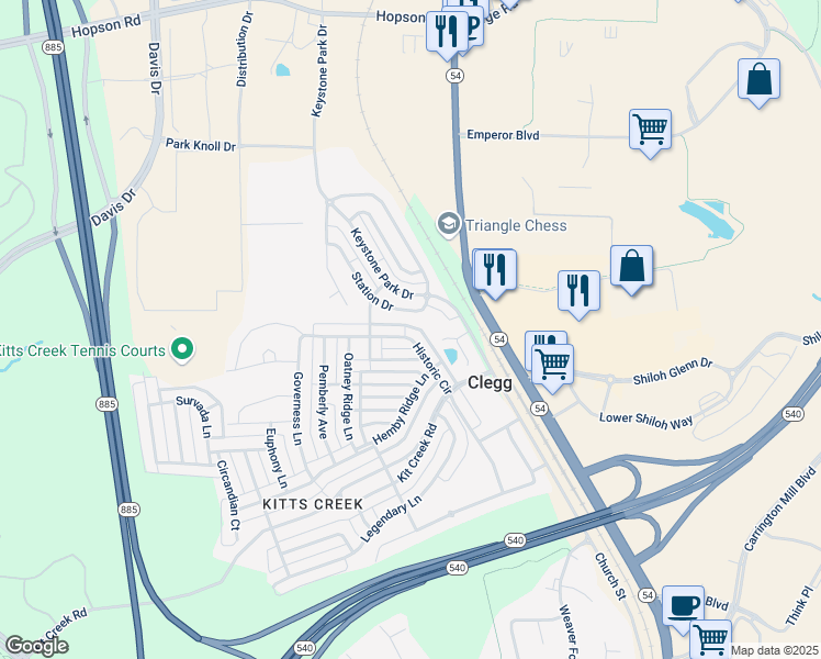 map of restaurants, bars, coffee shops, grocery stores, and more near 2316 Historic Circle in Morrisville
