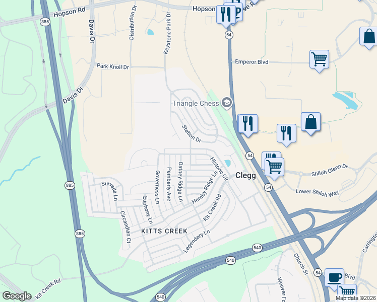 map of restaurants, bars, coffee shops, grocery stores, and more near 312 Roundhouse Lane in Morrisville