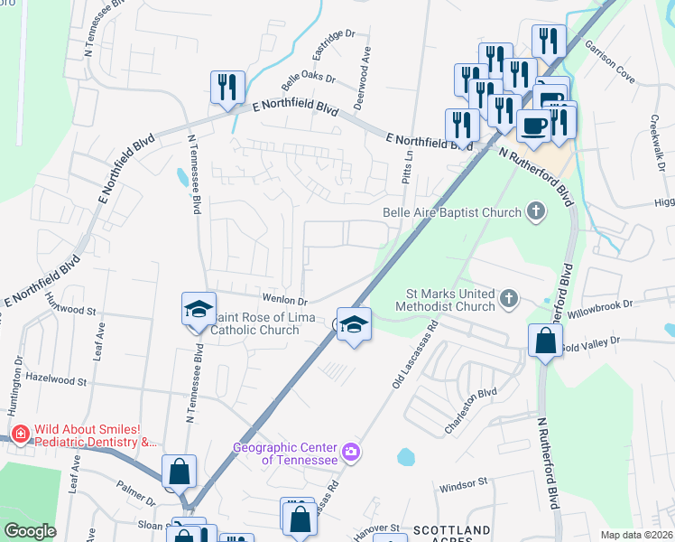 map of restaurants, bars, coffee shops, grocery stores, and more near 1507 Wenlon Drive in Murfreesboro