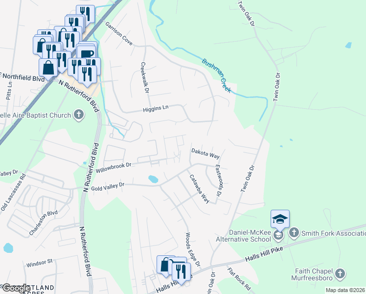 map of restaurants, bars, coffee shops, grocery stores, and more near 1314 Bunny Court in Murfreesboro