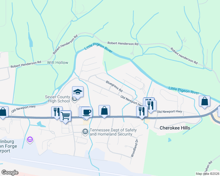 map of restaurants, bars, coffee shops, grocery stores, and more near 1st Street in Sevierville