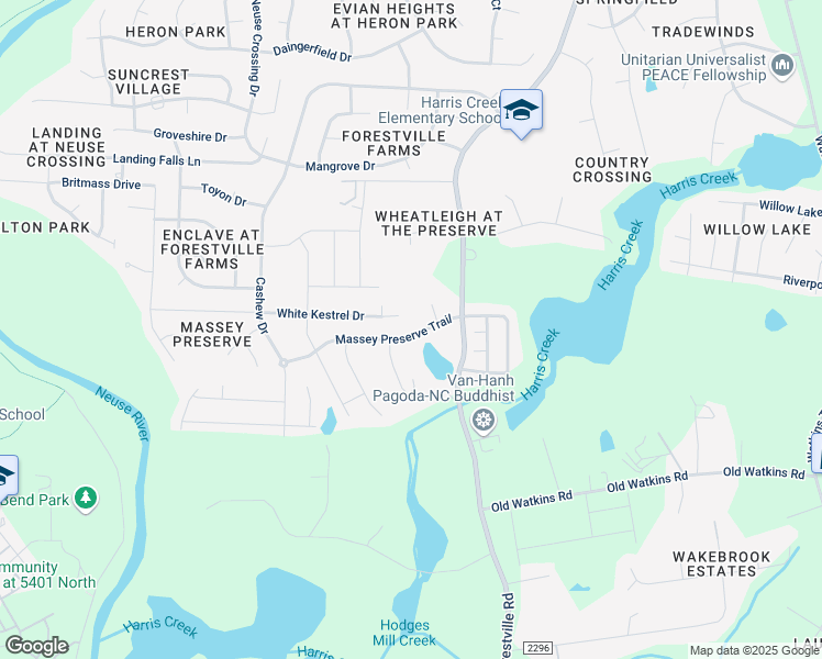 map of restaurants, bars, coffee shops, grocery stores, and more near 4227 Massey Preserve Trail in Raleigh