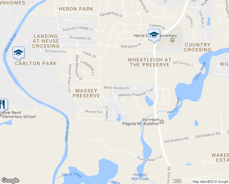 map of restaurants, bars, coffee shops, grocery stores, and more near 3522 Massey Pond Trail in Raleigh