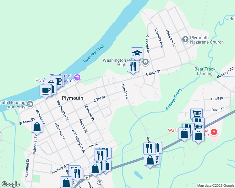 map of restaurants, bars, coffee shops, grocery stores, and more near 513 East 3rd Street in Plymouth