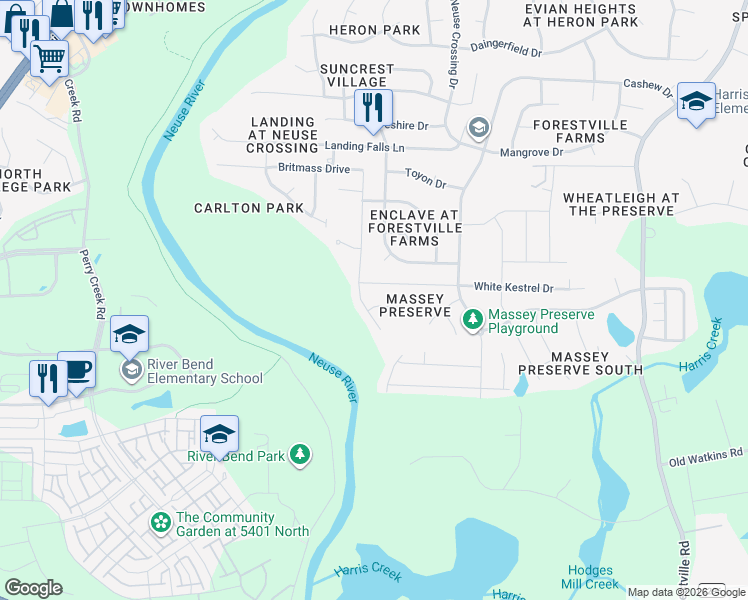 map of restaurants, bars, coffee shops, grocery stores, and more near 3570 Massey Ridge Court in Raleigh
