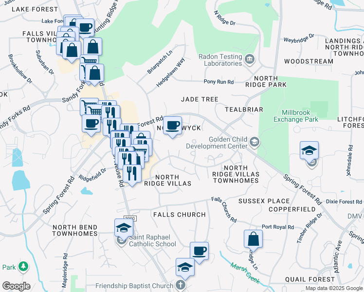 map of restaurants, bars, coffee shops, grocery stores, and more near 1514 Nature Court in Raleigh