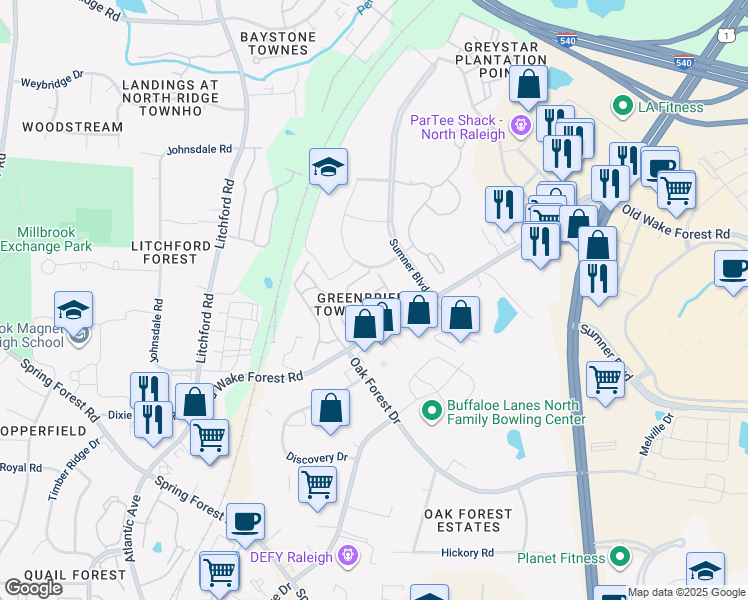 map of restaurants, bars, coffee shops, grocery stores, and more near 2911 Berkeley Springs Place in Raleigh