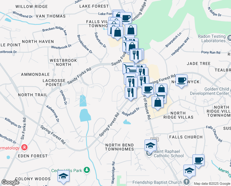 map of restaurants, bars, coffee shops, grocery stores, and more near 6655 Lake Hill Drive in Raleigh