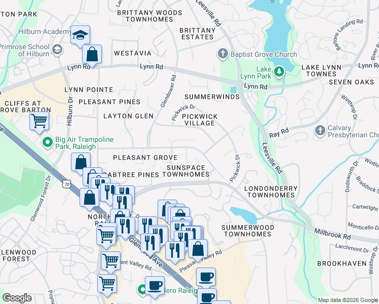 map of restaurants, bars, coffee shops, grocery stores, and more near 4309 Dutch Garden Court in Raleigh