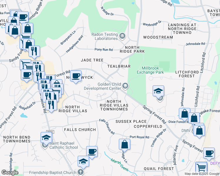 map of restaurants, bars, coffee shops, grocery stores, and more near 1620 Budwood Drive in Raleigh