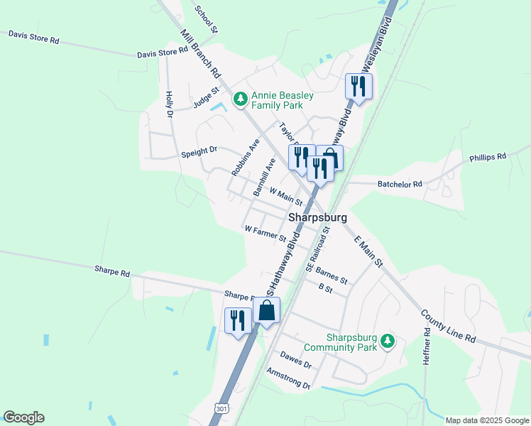 map of restaurants, bars, coffee shops, grocery stores, and more near John J Sharpe Street in Rocky Mount