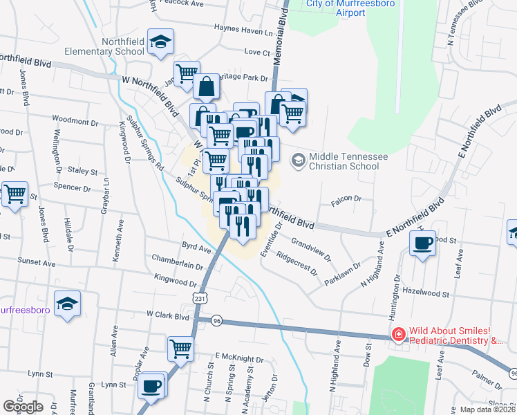 map of restaurants, bars, coffee shops, grocery stores, and more near 1702 Memorial Boulevard in Murfreesboro
