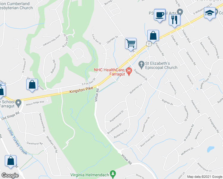 map of restaurants, bars, coffee shops, grocery stores, and more near 121 Cavette Hill Lane in Knoxville