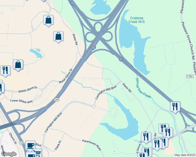 map of restaurants, bars, coffee shops, grocery stores, and more near 5108 Sorrel Park Drive in Morrisville