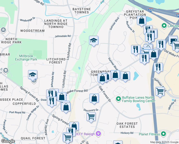 map of restaurants, bars, coffee shops, grocery stores, and more near 2611 Torquay Crossing in Raleigh