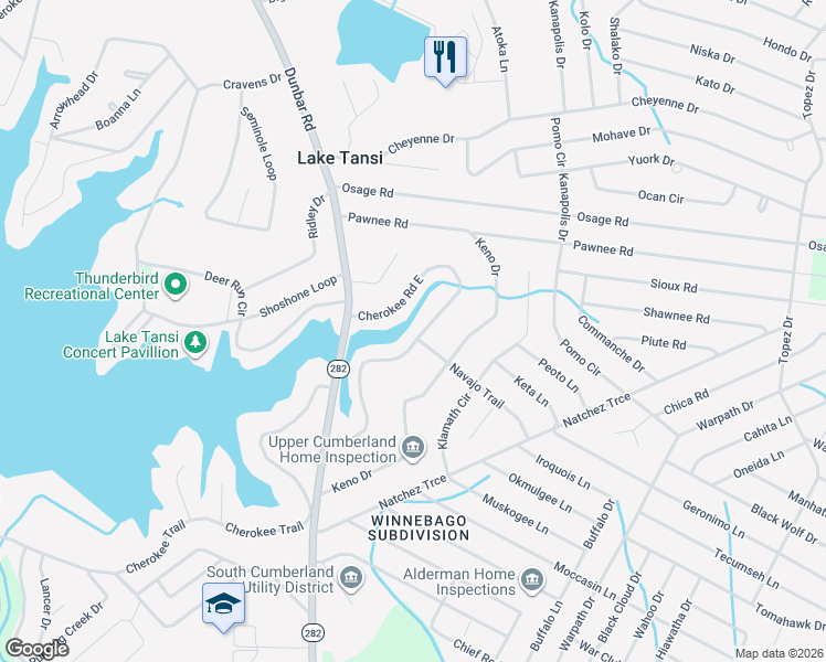map of restaurants, bars, coffee shops, grocery stores, and more near 1518 Cherokee Road East in Crossville