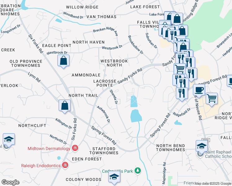 map of restaurants, bars, coffee shops, grocery stores, and more near 6316 Shanda Drive in Raleigh