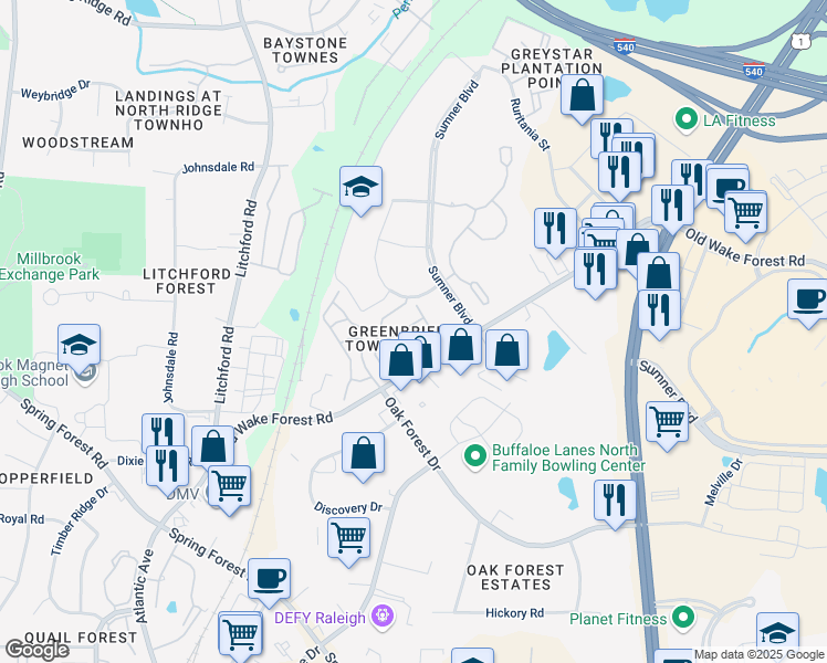 map of restaurants, bars, coffee shops, grocery stores, and more near 6636 Clarksburg Place in Raleigh