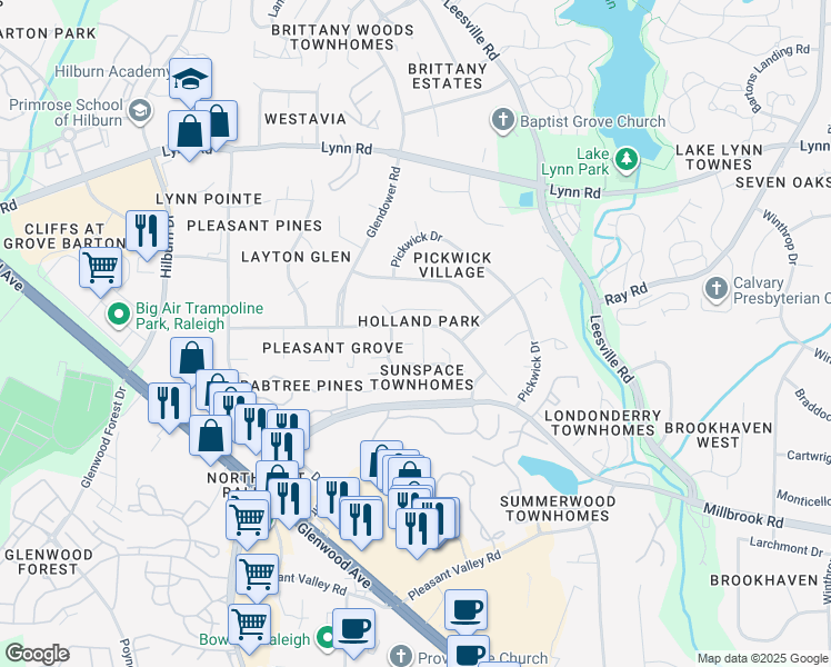 map of restaurants, bars, coffee shops, grocery stores, and more near Tucker Oaks Lane in Raleigh