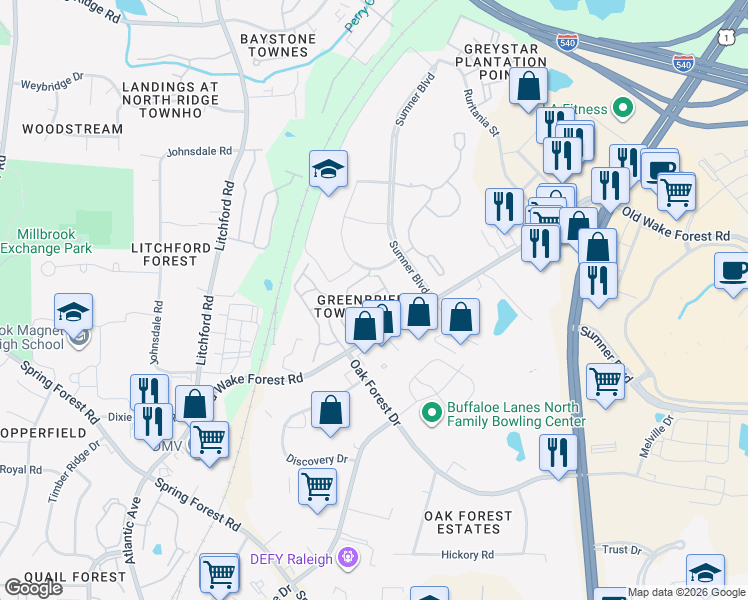 map of restaurants, bars, coffee shops, grocery stores, and more near 2911 Berkeley Springs Place in Raleigh