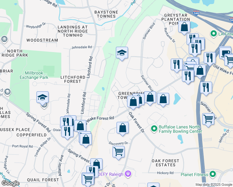 map of restaurants, bars, coffee shops, grocery stores, and more near 2520-2598 Torquay Crossing in Raleigh