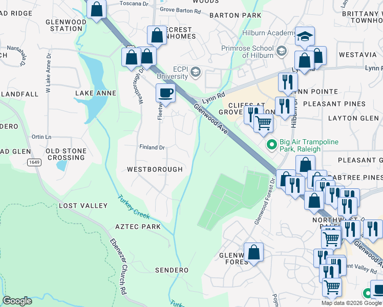 map of restaurants, bars, coffee shops, grocery stores, and more near 6234 Pesta Court in Raleigh