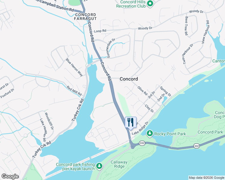 map of restaurants, bars, coffee shops, grocery stores, and more near 991 Highway 332 in Farragut