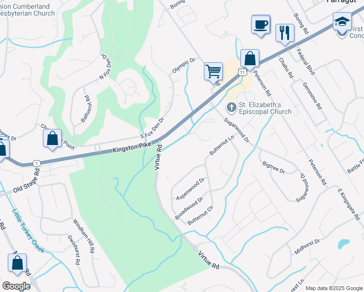 map of restaurants, bars, coffee shops, grocery stores, and more near 121 Cavette Hill Lane in Knoxville