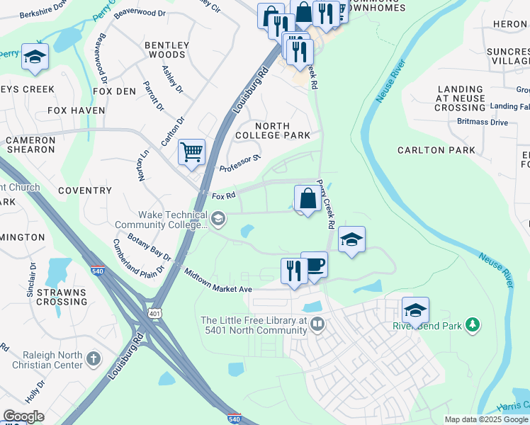 map of restaurants, bars, coffee shops, grocery stores, and more near Success Way in Raleigh