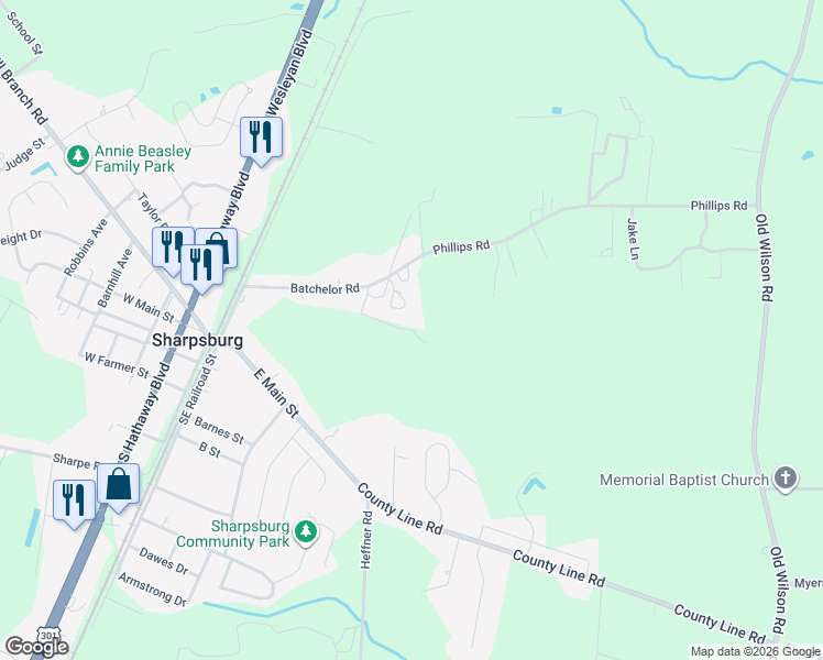 map of restaurants, bars, coffee shops, grocery stores, and more near 380 Smiley Lane in Rocky Mount