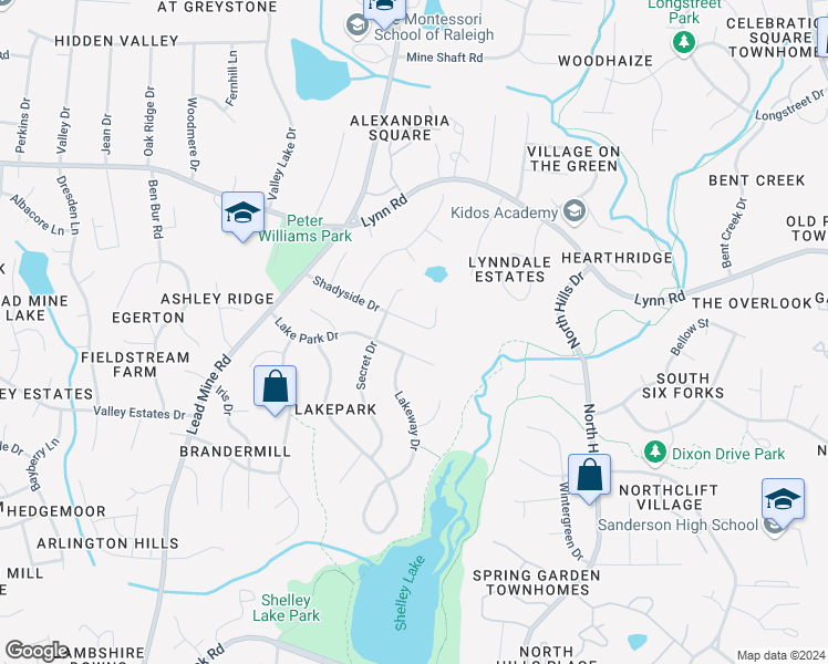 map of restaurants, bars, coffee shops, grocery stores, and more near 1125 Shadyside Drive in Raleigh