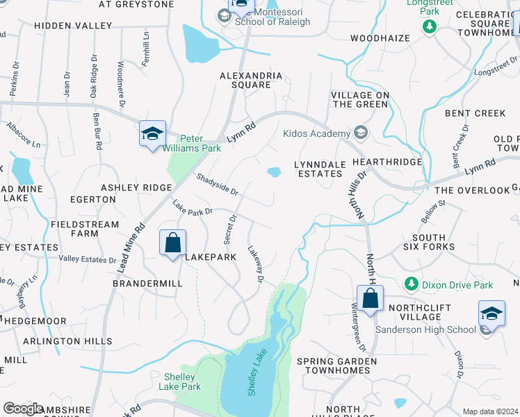 map of restaurants, bars, coffee shops, grocery stores, and more near 1125 Shadyside Drive in Raleigh