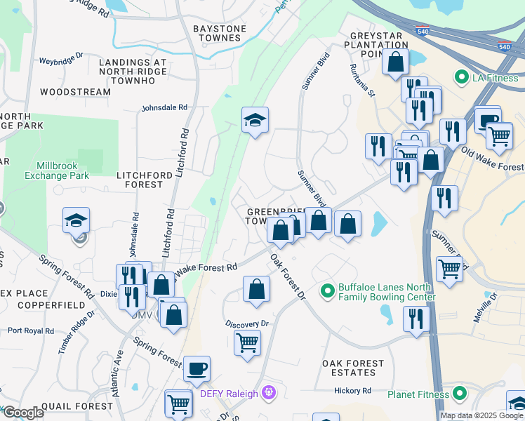 map of restaurants, bars, coffee shops, grocery stores, and more near 2952 Berkeley Springs Place in Raleigh
